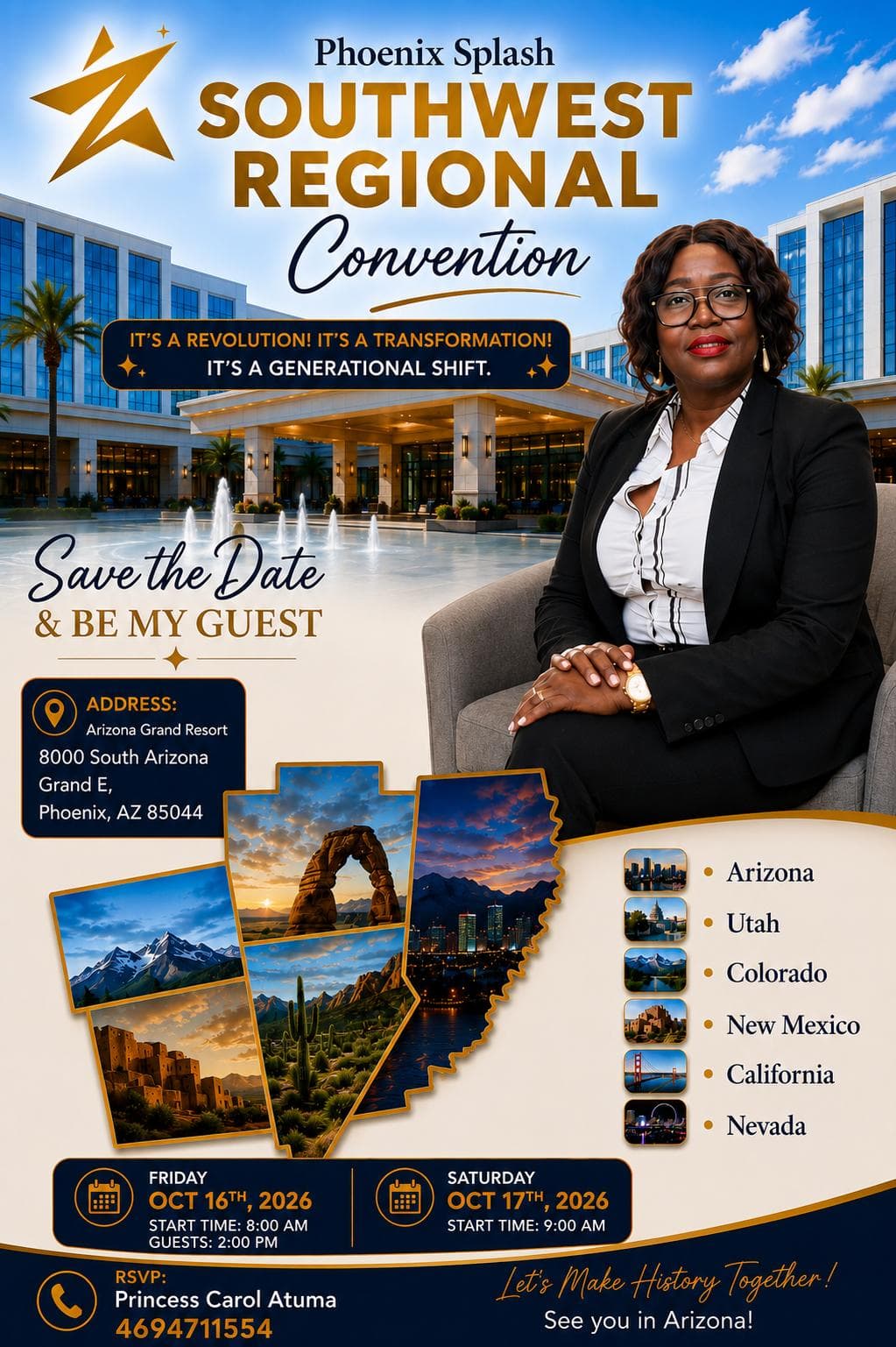 Southwest Regional Convention event flyer — October 16–17, 2026 in Phoenix, Arizona, hosted by Princess Carol Atuma